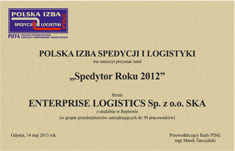 'Forwarder of The Year 2012' for Enterprise Logistics Sp. z o.o. S.K.A