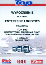 Enterprise Logistics on the top of the rank 'Top 500' by Truck & Business Polska