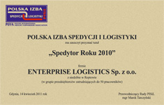 'Forwarder of The Year 2010' for Enterprise Logistics Sp. z o.o.