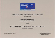 'Spedytor Roku 2016' dla Enterprise Logistics Sp. z o.o. S.K.A